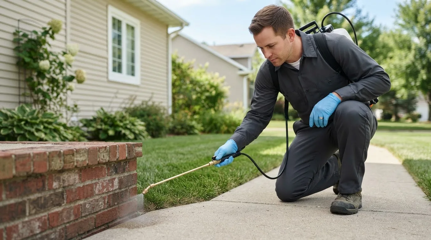 Pest control technician treating a home near Lincoln City, OR